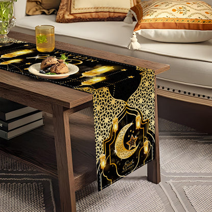 Fengrise Eid Mubarak Table Runner - Black Gold Ramadan Kareem Decorations for Home 2026, Star Moon and Lantern Pattern, Eid Al-Fitr Table Cloth,Islamic Decorations Supplies for Kitchen Indoor (13x72)