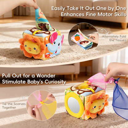 Baby Tissue Box Toy - Montessori Sensory Toys for 6-12 Months Infant, Baby Toys 6 7 8 9 Month - 1 Year Old with 6 Crinkle Tissues & 10 Scarves, Developmental Tissue Pulling Toy Boy Girl Birthday Gift