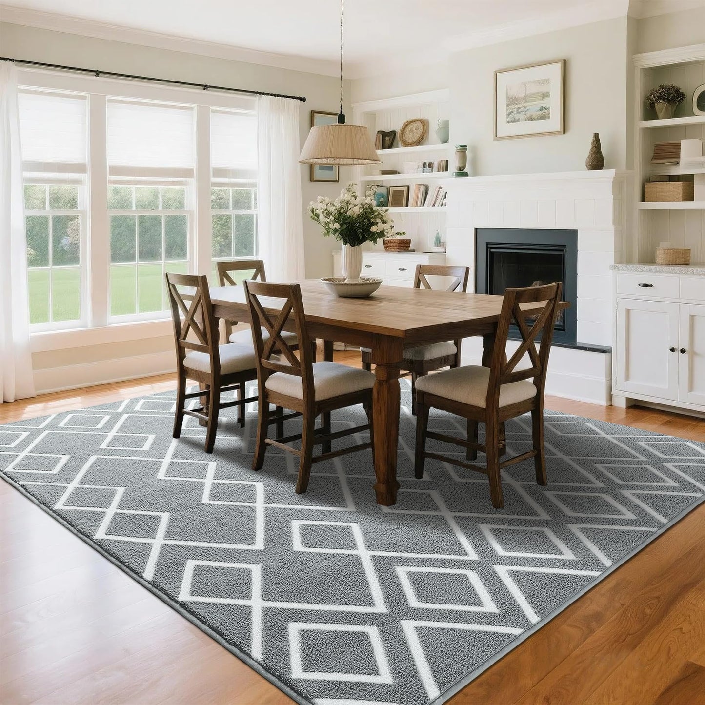 Rtizon Soft Area Rug for Bedroom, 5x7Ft Moroccan Rugs for Living Room, Geometric Non-Slip Carpet with Memory Foam for Boys Girls's Bedside Office Dorm Hallway, Grey and White