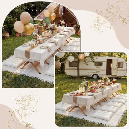 Novabright 20 Pcs Picnic Kit Folding Picnic Table 59'' x 20.5'' Large Outdoor Boho Blanket 91'' x 71'' Beige Table Runner 6 Floor Pillows Cushions Woven Cotton Oversize Washable for Camp Wedding