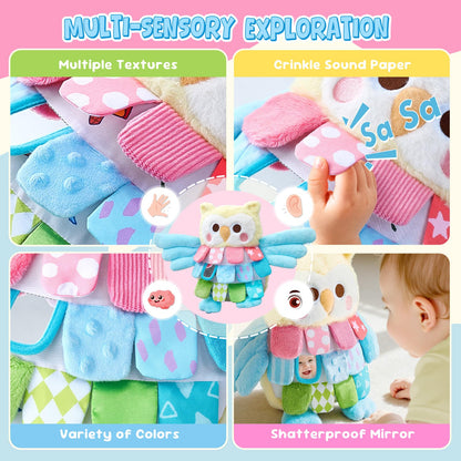 JoyCat Baby Toys 6-12 Months, Soft Baby Beehive with 5 Sensory Bees - Rattle, Crinkle Paper, Squeaker, Mirror + Sensory Owl Stuffed Animal, Soft Tummy Time Toy for Infant with Textured Crinkle Mirror