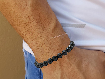 Amazing Gemstone Black Tourmaline Bracelet for Women - Chakra Mens Bracelet Protection Crystals and Healing Stones - Faceted Beaded Bracelet Spiritual Meditation Gift (Adjustable)