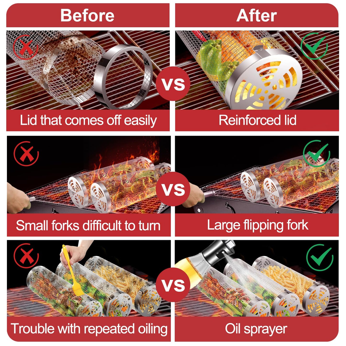 Grill Basket 2 PCS, Rolling Grill Baskets for Outdoor Grill, Grilling Accessories, Stainless Steel BBQ Net Tube Baskets with Oil Sprayer for Veggies, Shrimp, Grilling Gifts for Men