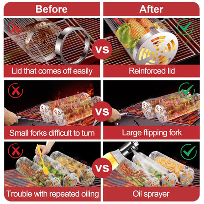 Grill Basket 2 PCS, Rolling Grill Baskets for Outdoor Grill, Grilling Accessories, Stainless Steel BBQ Net Tube Baskets with Oil Sprayer for Veggies, Shrimp, Grilling Gifts for Men