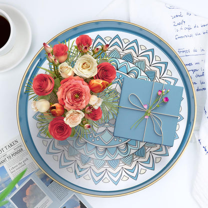 SforGUVA Round Cyan Decorative Tray for Coffee Table, Ottoman, 13” Plastic Serving Platter Tray with Handles for Entertaining, Living Room