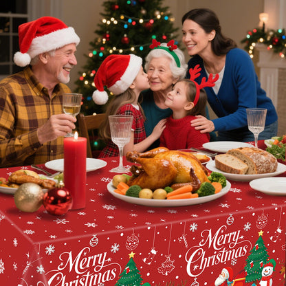 MEIDUO Christmas Tablecloth, 3 Pack 54" X 108" Red Christmas Disposable Plastic Table Covers, Rectangular Table Decor, Xmas Tree Snowman Snowflakes Designs for Winter Party Decorations