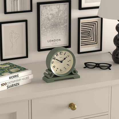 JONES CLOCKS® Saloon Mantel Clock | Small Traditional Double Scroll Design | Green | Contemporary Classic Style for Desk, Table, Shelf or Bedside