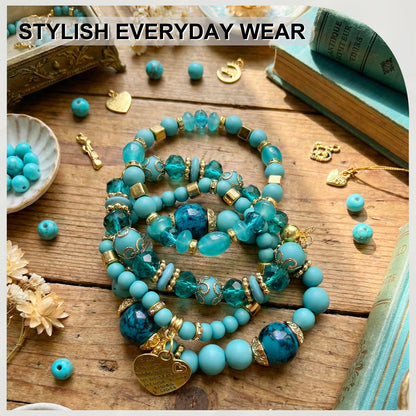 Ysenchan Bohemian Bracelet Set for Women, 4 Pcs Beaded Stackable Bracelets with Heart Charm, Stretch Bracelets, Boho Jewelry Gift – [LakeBlue]
