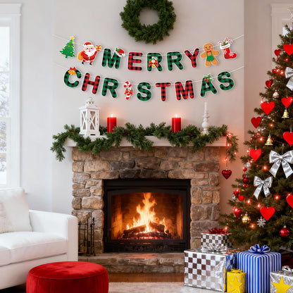Merry Christmas Banner,Pre-Strung Red Green Buffalo Plaid Christmas Banner, Gingerbread Xmas Tree Garland Sign for Christmas Party Decorations,Indoor,Home, Office,Fireplace,Wall,Windows,Holiday Decor