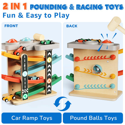 AmazingJoy Wooden Car Ramp Race Track 2-in-1 Pound Ball Toddler Toy Ball Drop Baby Toy Set Gift for 1 2 3 Year Old Boys Girls Montessori Developmental Learning Activity Interactive Birthday Present