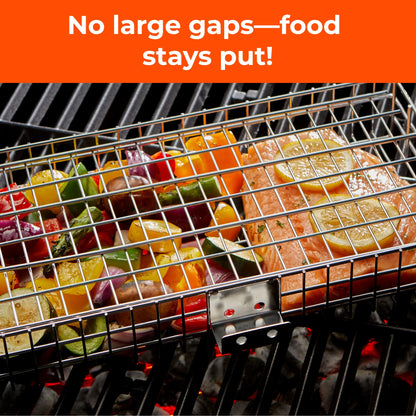 Adjustable Grill Basket with Removable Handle – 4 Height Levels for Vegetables, Meat, Fish & More – Locking Lid - Basting Brush, Scrub Sponge & Storage Bag for Outdoor Cooking