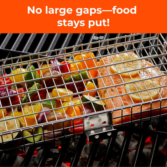 Adjustable Grill Basket with Removable Handle – 4 Height Levels for Vegetables, Meat, Fish & More – Locking Lid - Basting Brush, Scrub Sponge & Storage Bag for Outdoor Cooking