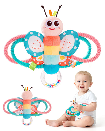 Jollybaby Soft Baby Rattles & Plush Rings Toy for Newborn 0-3-6-12 Months, Sensory Developmental Hand Teether Toys for Infant 0-2-4-7-8-9 Months, Baby Shower & Birthday Gifts - Butterfly