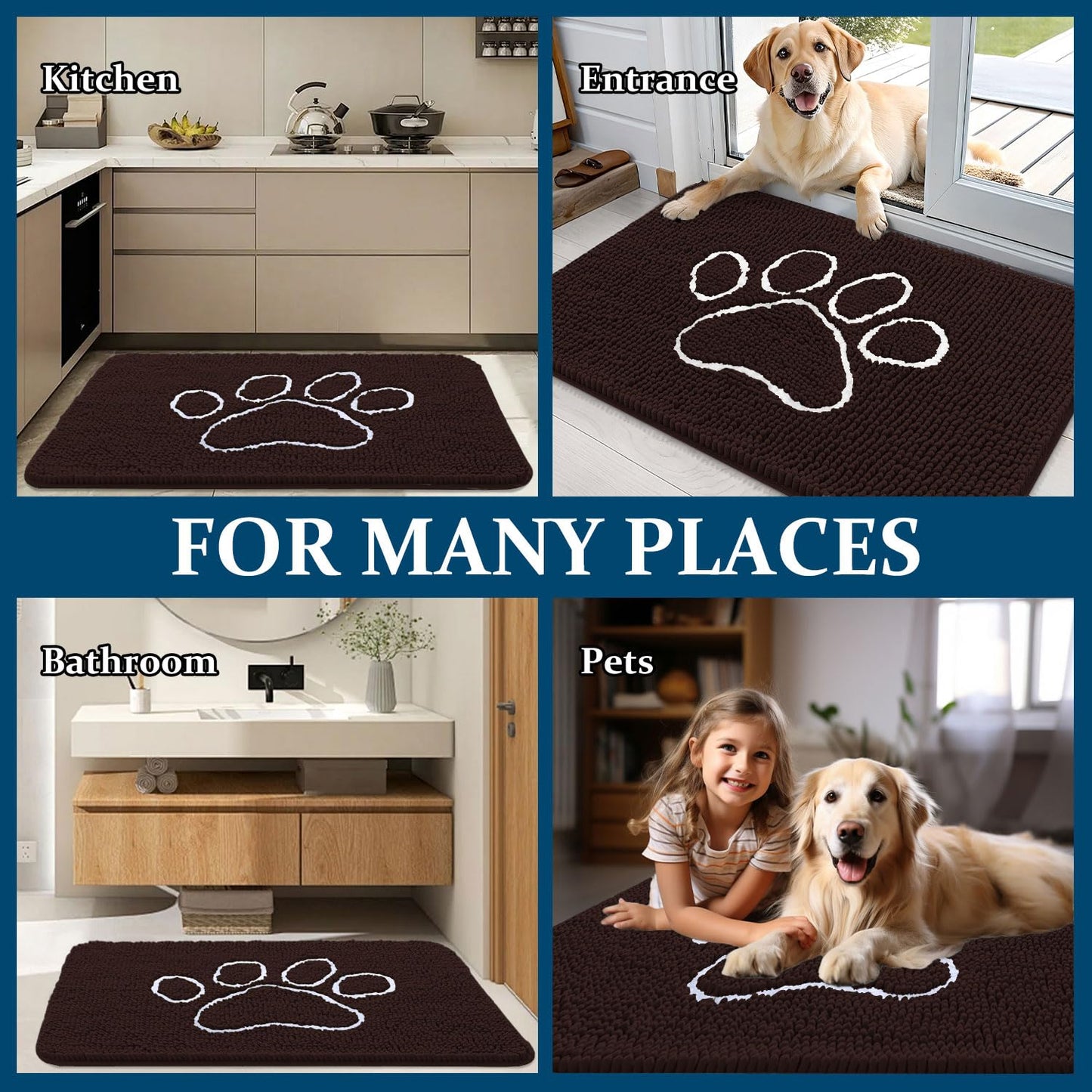 OLANLY Dog Door Mat for Muddy Paws 70x46, Paw Print Design, Absorbs Moisture and Dirt, Absorbent Non-Slip Washable Doormat, Quick Dry Chenille Mud Mat for Dogs, Entry Indoor Entryway Carpet, Brown