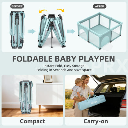 Foldable Baby Playpen 50x50inch, iTiLike Playpen for Babies and Toddlers with 50 PCS Ocean Balls & 2 Handles, Indoor & Outdoor Kids Safety Play Pen Area, Portable Travel Play Yard,Mint Green