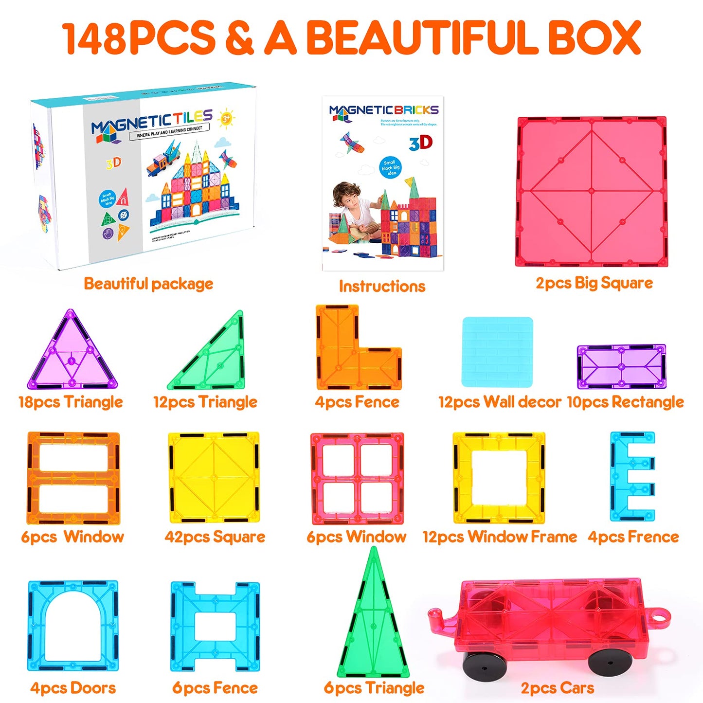 Kids Magnet Toys Magnetic Tiles, 148PCS 3D Magnetic Building Blocks STEM Learning Toys Magnetic Toys for 3 4 5 6 7 Years Old Boys Girls Gifts with 2 Cars