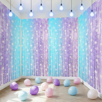 4 Pack 3.3x6.6 Ft Winter Princess Birthday Party Decorations Snowflake Backdrop Tinsel Foil Fringe Curtains Ice and Snow Birthday Party Supplies Snowflake Photo Booth Prop Backdrop Streamer