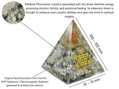 Amazing Gemstone Organite Orgone Pyramid Extra Large 105 MM - Metatron Cube Orgone Energy Pyramid with Rainbow Moonstone Crystals and Healing Stone - Orgonite Pyramids Crystals and Positive Energy