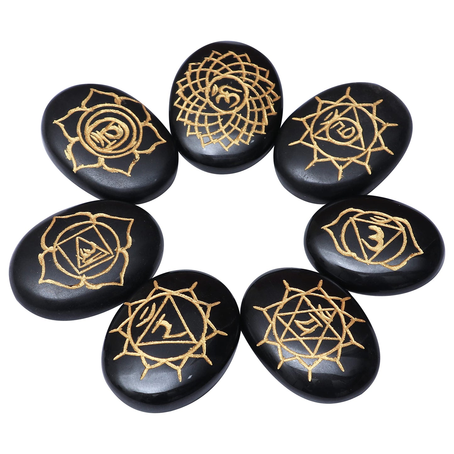 Crocon Black Agate Gemstone 7 Pcs Engraved Oval Shape 7 Chakra Symbol Stones for Reiki Healing Chakra Stone Balancing Crystal Cleansing Spiritual Money Good Luck Gift Home Decor Size: 20-25 mm