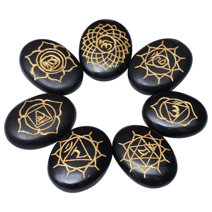 Crocon Black Agate Gemstone 7 Pcs Engraved Oval Shape 7 Chakra Symbol Stones for Reiki Healing Chakra Stone Balancing Crystal Cleansing Spiritual Money Good Luck Gift Home Decor Size: 20-25 mm