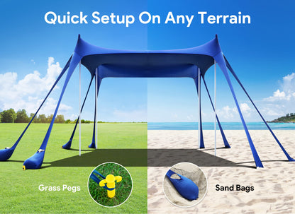 Osoeri Beach Tent, Camping Sun Shelter UPF50+ with 8 Sandbags, Sand Shovels, Ground Pegs & Stability Poles, Outdoor Shade Beach Canopy for Camping Trips, Fishing, Backyard Fun or Picnics