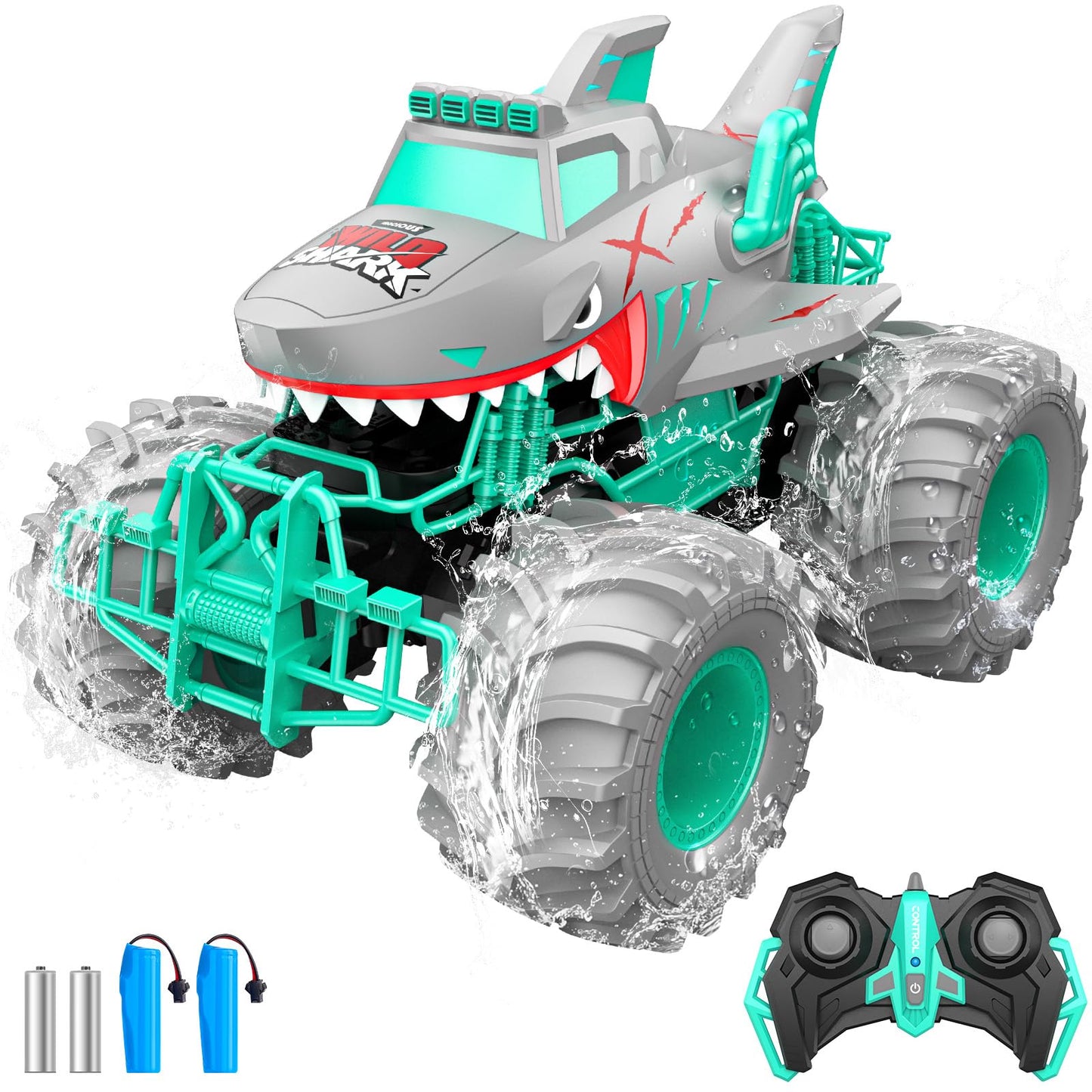 Salazaza Waterproof Shark Remote Control Car, 1:16 Amphibious RC Cars 4WD All Terrain Off Road Monster Trucks Toys, RC Truck Toys for Kids 3-5 6-8 8-12 Year Old Boy Birthday Gift, Gray