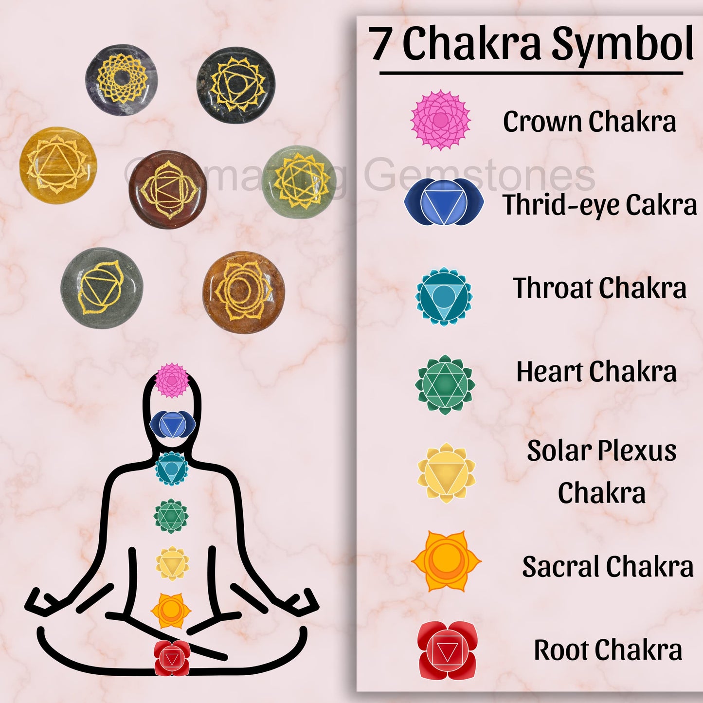 Amazing Gemstone 7 Chakra Set Reiki Healing Crystal with Engraved Chakra Symbols - Chakra Balancing Polished Palm Stones Set with Velvet Pouch