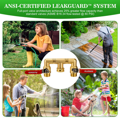 Hose Splitter 2 Way Heavy Duty Brass Garden Hose Splitter with 360° Rotatable, 304 Stainless Steel Long Handle Outdoor Full Flow Hose Splitter Connector, 3/4" GHT Thread