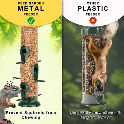 FEED GARDEN Metal Bird Feeder - 6 Port Tube Feeder for Outdoors, Heavy Duty Squirrel Proof with Metal Lid, Easy Fill & Clean, Weather Resistant, 13 Inch