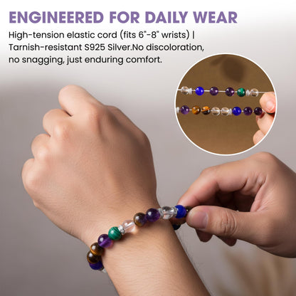 Healing Crystal Bracelet for Women, 8mm Polished Bead Stretch Bracelets with Sterling Silver Spacers, Handcrafted Wristwear Healing Chakra Bracelet Gifts for Daily Grounding, 7 Affirmation Cards Included