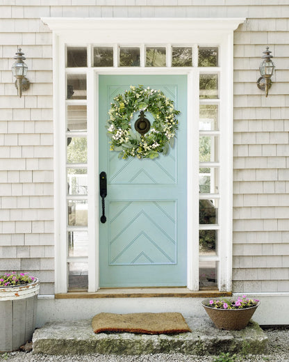 Vlorart Artificial Spring Summer Christmas Greenery Wreaths for Front Door Green Eucalyptus Leaf Wreath Decor Boxwood with Big Berries for Farmhouse Outside Year Round