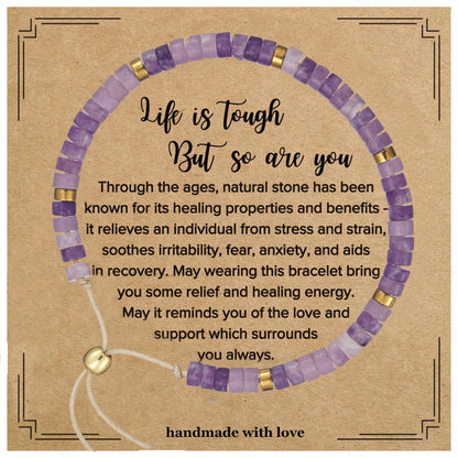 Plumiss Inspirational Gifts Bracelets for Women, Boho Handmade Natural Amethyst Stone Purple Beaded Bracelets, Life is Tough But So are You Bracelet