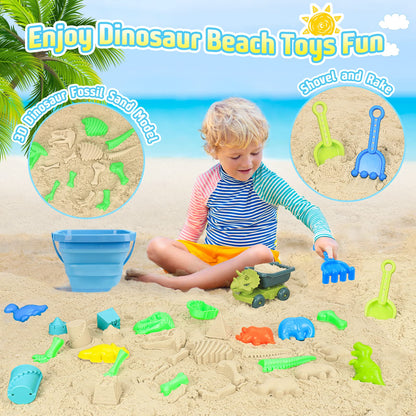 FUSPWEAO Beach Toys, Dinosaur Sand Toys with Dump Truck and Collapsible Beach Bucket, Shovel and Rake, Mesh Bag, Animal Dinosaur Sand Molds, Sand Castle Toy, Sandbox Toys for Toddlers Kids Boys