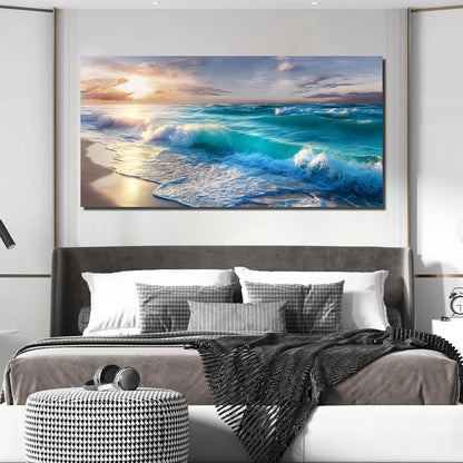 GUGIKA Ocean Wall Art for Living Room, Blue Wave and Large Coastal Beach Canvas Wall-Decor for Bedroom, Gold Sun Scenery Pictures for Hallway Office, Size 59 x 29 Inches