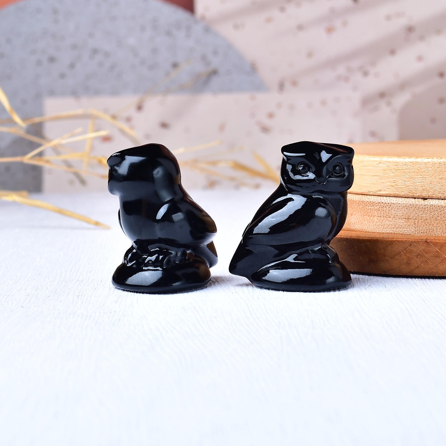WUYOUSHI Obsidian Crystal Owl Figurine Hand Carved Lucky Stone Statue for Healing Home Office Decor Spiritual Gift for Women Men