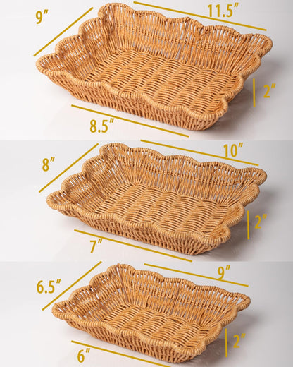 Woven Scalloped Storage Baskets Set of 3, Wicker Poly Rattan Serving Trays for Bread Fruits Vegetables, Kitchen Table Restaurant Decor Organizer (Large 11.5x9x2, Medium 10x8x2, Small 9x6.5x2)