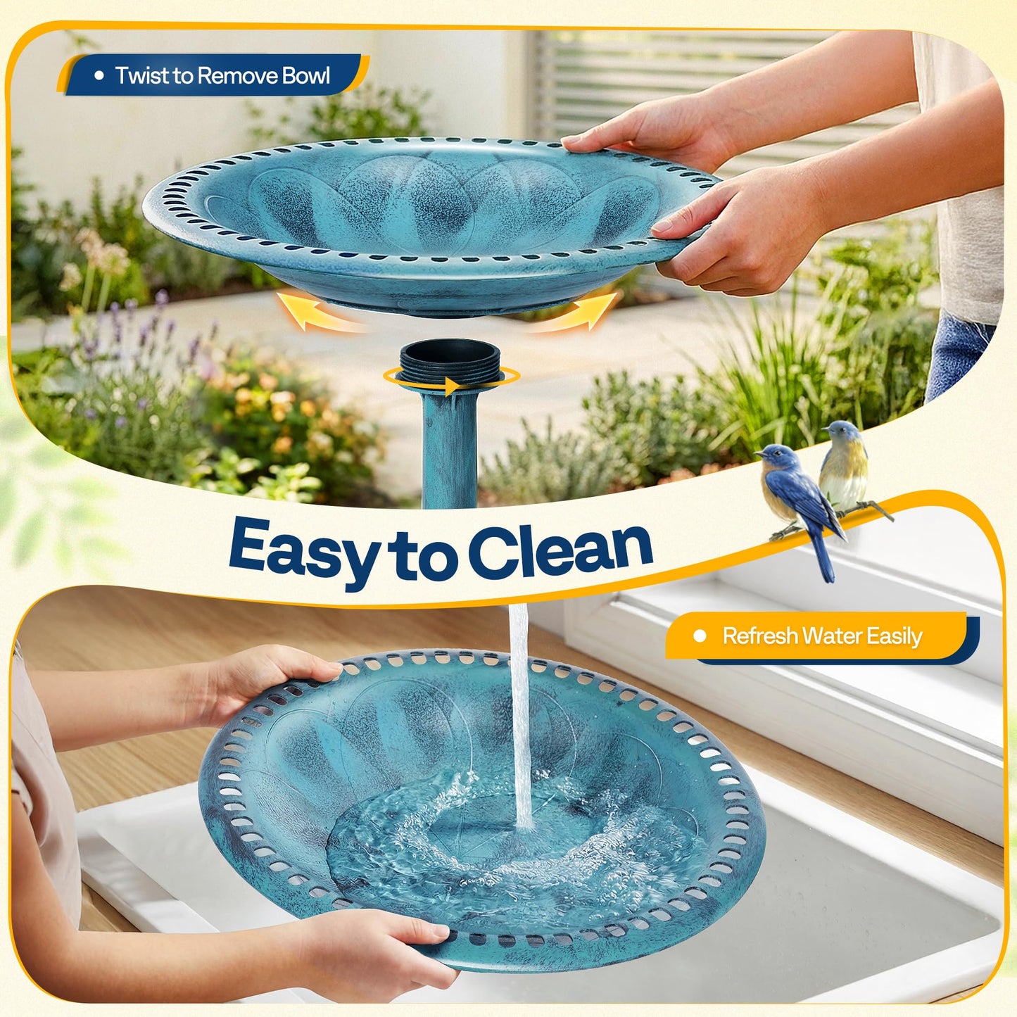 VIVOHOME Bird Bath for Outside, Polyresin Pedestal Bird Baths for Outdoor, Garden, 28 Inch Height Weather-Resistant Birdbaths with 20" Bowl, Blue