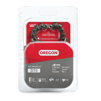 Oregon D70 AdvanceCut Chainsaw Chain for 20 Inch Bar – 70 Drive Links, Replacement Low-Kickback Chainsaw Blade, .050" Gauge, 3/8" Pitch, fits Several Poulan Pro & Echo Models (D70) Black