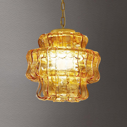 Arziheg 11.8in Kitchen Island Pendant Lights Gold, 4-Light Glass Dining Room Light, Height Adjustable 3 Layer Luxury Modern Pendant Light Fixture for Foyer Bedroom Entryway Hallway(Amber Glass)