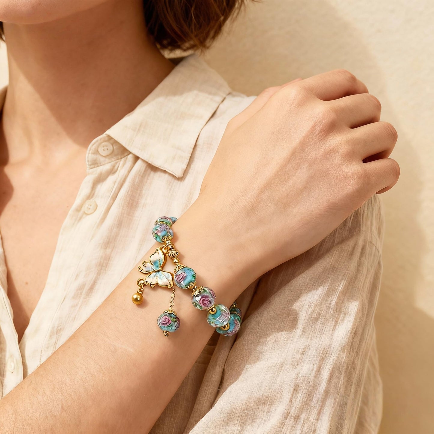 Buddha Stones Blue Butterfly Charm Bracelet for Women, Liuli Flower Healing Bracelet with 8mm Floral Beads, Pastel Stretch Bracelets Jewelry Gifts for Her Mother