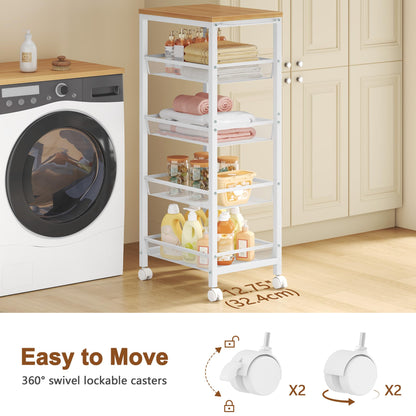 Hoctieon Rolling Storage Cart, 5-Tier 11.8" Wide Rolling Kitchen Storage Cart, Utility Cart with Handle & Wheels, Mobile Shelving Unit, Metal Frame Narrow Cart for Home Kitchen, Laundry, Oak Beige