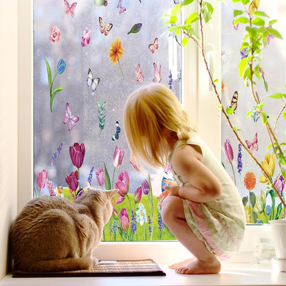63PCS Spring Window Clings, 10 Sheets Reusable Window Stickers for Glass with Hummingbirds Butterflies Tulip Flowers,Spring Summer Window Decor