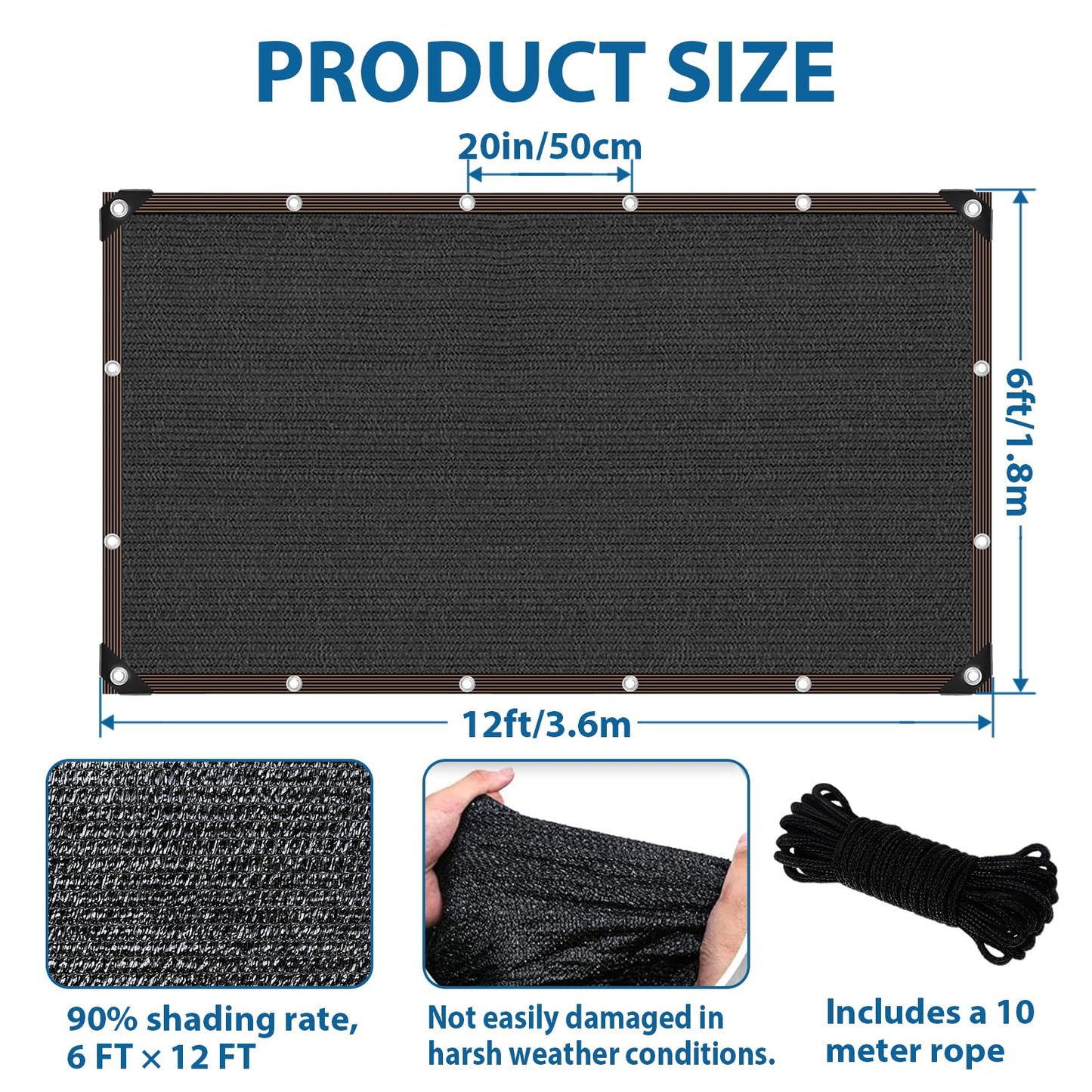 LCYFBE Garden 90% Shade Cloth, 6 x 12 FT Shade Mesh Tarp with Reinforced Grommets, Black Outdoor Sunblock Shade Cloth Cover for Plants, Greenhouse, Patio, Chicken Coop, Sun Shade Net