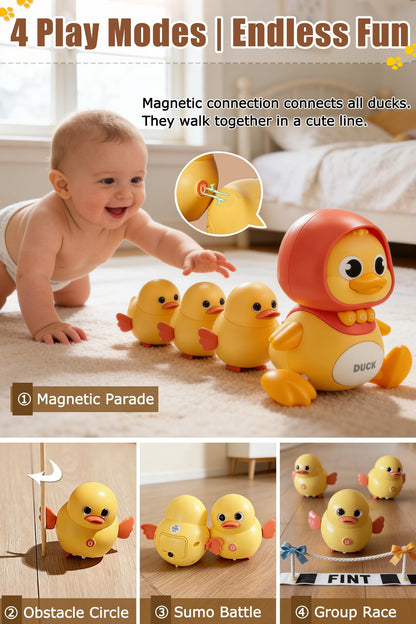 JUYEE Baby Crawling Toys Set of 4 - Magnetic Ducks Family for Infants 6-9-12 Months, Tummy Time Toys with Music & Lights, 1st Birthday Gift for Boys and Girls(4-Pack)