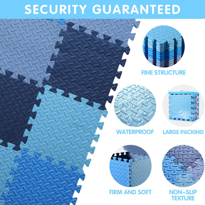 Tamiplay 16 Tiles Foam Play Mat for Baby, Soft & Safe EVA Foam Mats for Floor, Square Baby Play Mat, Kids Foam Puzzle Floor Mat, 47x47 Play Mat for Playpen(Dark Blue/Gray Blue/Light Blue/Blue)