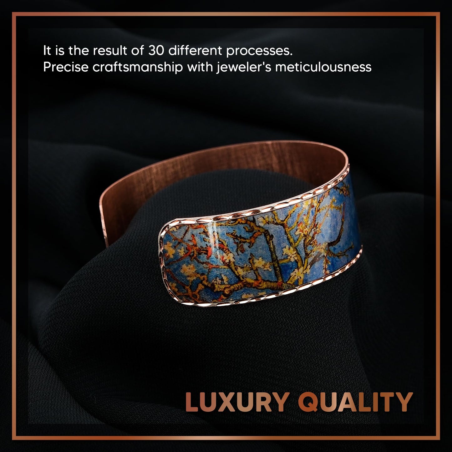 Moreni Copper Bracelet for Women – Handmade Engraved Cuff Inspired by “Almond Blossom” – Artistic Pure Copper Jewelry with Gift Wooden Box