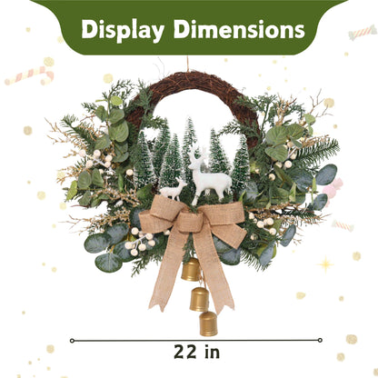 Lighted Christmas Wreath with LED Lights & White Deer, Bottle Brush Trees, Burlap Bow and Bells, Artificial Greenery Front Door Holiday Decoration with Timer