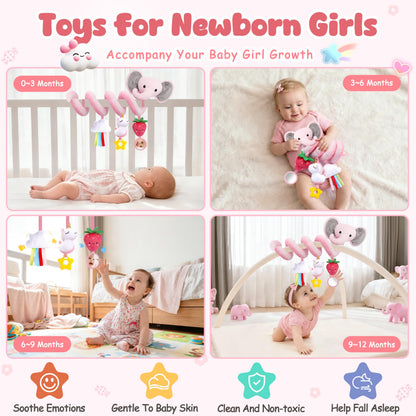 Spiral Car Seat Toys for Baby Girls 0-6 Months, Cute Pink Elephant Strawberry Stuff, Perfect Newborn Shower Gifts for Girls Essentials
