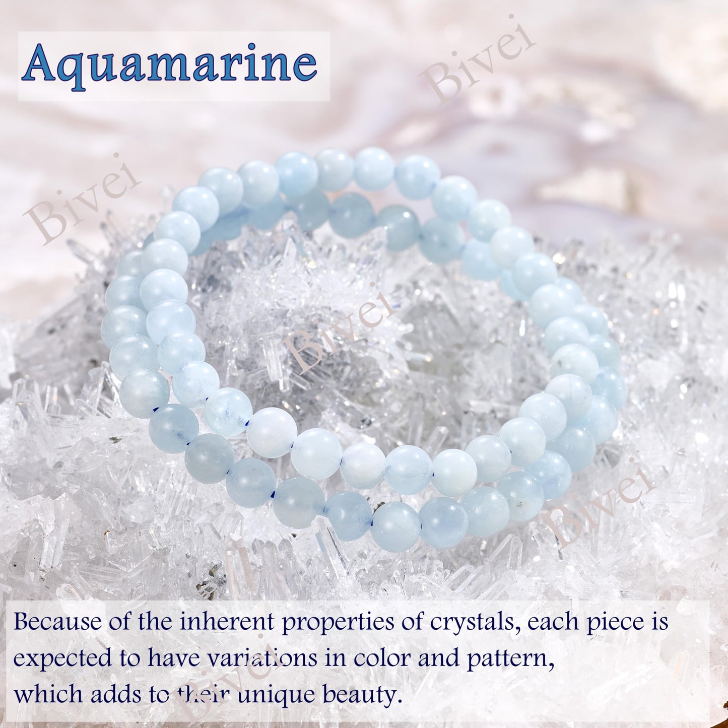 Bivei Aquamarine - Calmness - 6mm Beaded Bracelets for Women Handmade Semi Precious Natural Stone Stretch Elastic Jewelry for Women Yoga Protection Gifts Small