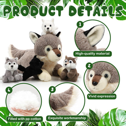Shappy 5 Pieces Soft Wolf Stuffed Animal Family Set – 16 Inch Large Mommy Plush with 4 Small Baby Plushies on Galentines Valentines Day Easter Birthday Exchange Gifts for Kids Boys Girls